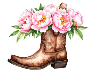 Brown Boot Filled with Pink Peony Flowers in a Rustic Style