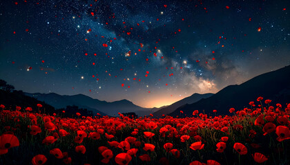 Starry Night Over Poppy Field with Milky Way and Mountains