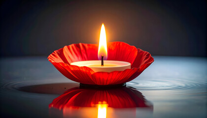 Elegant Floating Candle in a Red Flower Petal with Reflections
