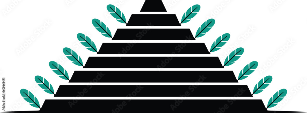 Poster abstract geometric pyramid design adorned with green feather-like elements on a clean white backgrou