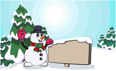 cute snowman with blank sign in winter landscape, christmas cartoon vector illustration, work of hand drawn