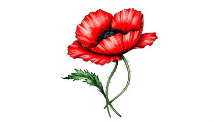 Beautiful Red Poppy Flower Illustration with Green Leaves Detail