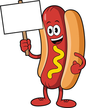 Naklejki Cartoon hot dog character with mustard, smiling and holding blank sign, funny sausage mascot in bun, perfect for advertisements, flyers, banners, fast food promotions