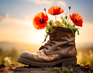 Vintage Boot Planter with Blooming Red Poppies in Nature Setting