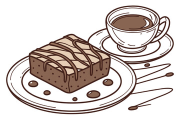 Chocolate brownie drizzled with syrup next to coffee on white, capturing a cozy dessert scene, perfect for food promotions, modern flat illustration style.