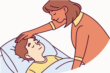 Close-up of a mom checking her feverish child’s temperature while lying in bed, hand on forehead showing love and concern, modern flat illustration style
