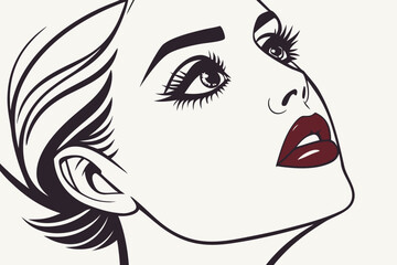 Close-up of model’s face with bold fashion makeup and black polished nails, stylish studio portrait, modern flat illustration style.