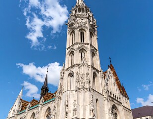 Fototapeta premium Architectural detail of a tall church tower against a vibrant blue sky