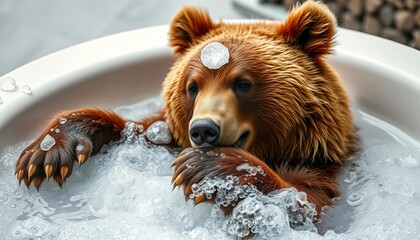 A brown bear luxuriates in a bubbly bath, playfully grooming its fur,  mammal,  contentment