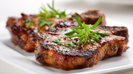 Juicy grilled pork chops with charred marks, garnished with fresh rosemary sprigs, served elegantly on a white plate. Perfect for culinary inspirations, barbecue themes, or restaurant menu concepts.