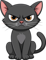 Angry cartoon black cat sitting with grumpy face expression, isolated on white background, cute feline character illustration for design, print, or animation