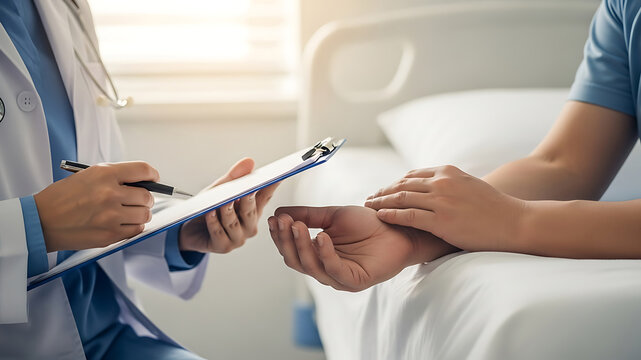 Medical professionals exchange document in hospital environment