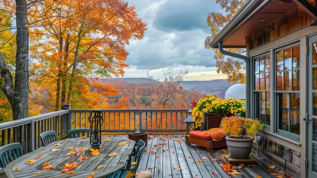 A wooden deck with a table and chairs, perfect for outdoor gatherings or relaxation