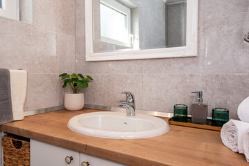 Stylish bathroom sink with plant, mirror, rolled white towels and modern soap dispenser