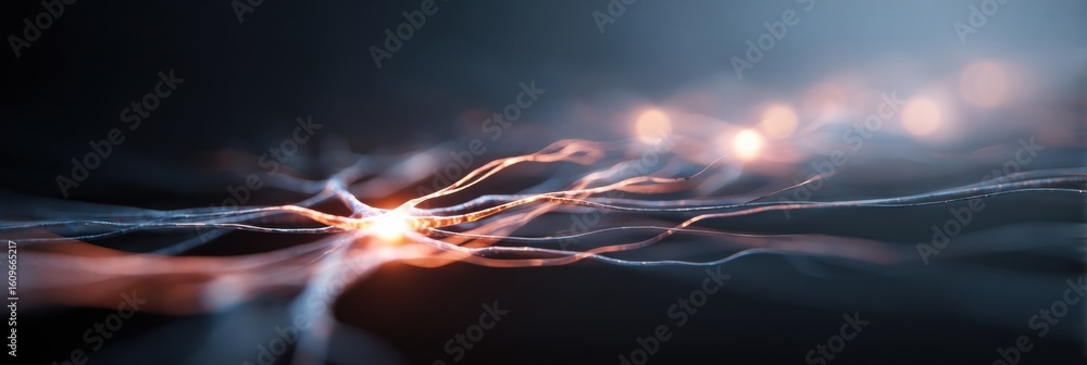 Poster abstract neuron network illustrating light paths representing mental connections in a creative and c
