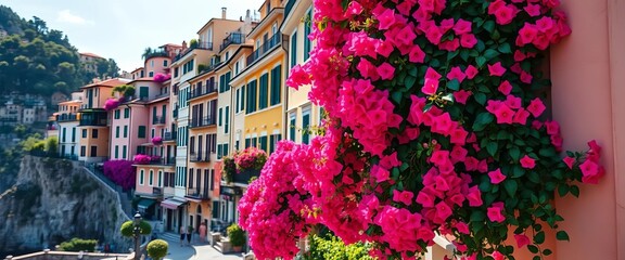 Vibrant bougainvillea cascades down colorful Portofino buildings,  houses,  village