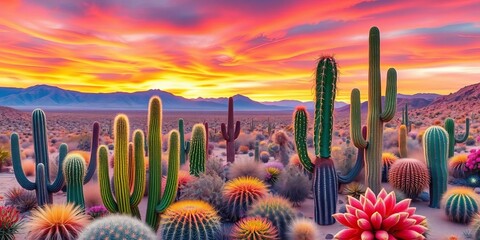 Whimsical, colorful cacti in vibrant hues, desert landscape,  flat design,  whimsical