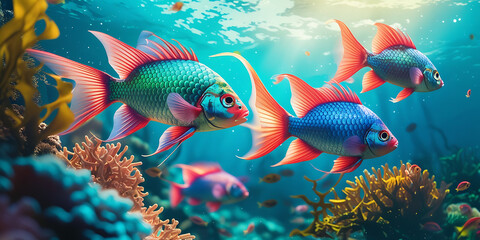 Fototapeta premium Vibrant goldfish swim in a colorful coral reef