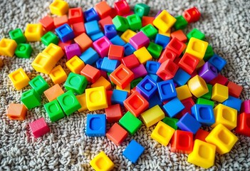Brightly colored plastic blocks scattered on a rug, toys, infant