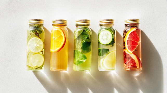 Five refreshing infused water bottles with citrus fruits and herbs on a textured white background