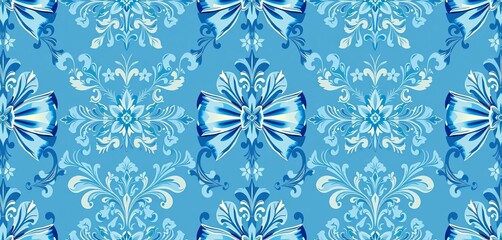 Elegant blue coquette bow and floral damask seamless pattern,  background,  spring