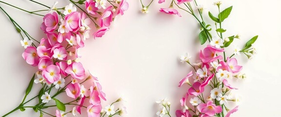 Elegant gypsophila floral frame on white table, empty space, top view ,  delicate,  web