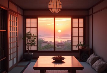 Pastel sunset illuminates a cozy Japanese room with a window and table , modern, serene