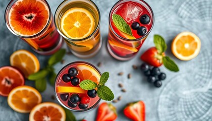 Overhead view of vibrant fruit-infused water in tall glasses, perfect for summer,   flat lay,  overhead