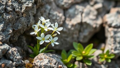 Delicate white Hornungia alpina blossoms emerge from rocky alpine crevice,  bloom,  nature