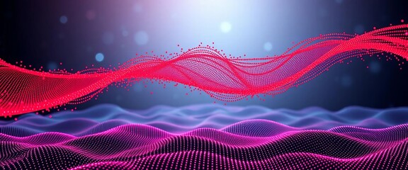Abstract red particle wave flowing over a dot landscape, digital data structure, futuristic mesh background, sound, abstract illustration