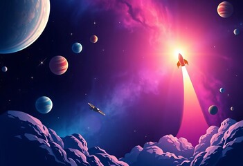 Abstract space scene with galaxy, planets, stars, rocket launch, and vector illustration elements for landing page design,  futuristic,  vector