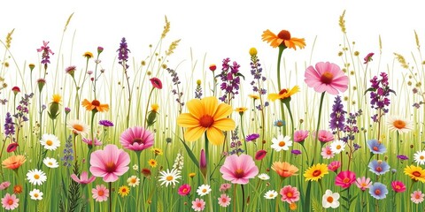 Horizontal floral pattern featuring wildflowers, grasses, and blooming meadow flowers in a spring/summer theme,  vector,  delicate