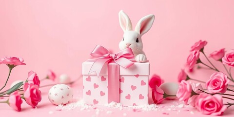 Pastel pink background, gift box with pink bow, cute bunny, Valentine's/Easter theme, copy space,  love,  background