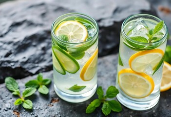 Refreshing cucumber, lemon & mint infused water on dark stone,  stone background,   minerals
