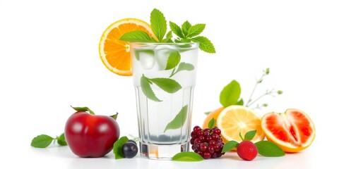Clear glass, detox water, fruit, herbs, white background,   fresh,   isolated