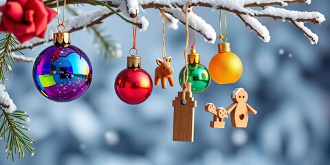 Vibrant glass baubles & whimsical wooden ornaments dangle from a snow-dusted branch,  seasonal,  ornaments
