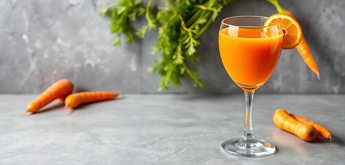 Vibrant orange carrot juice in elegant stemless wine glass on sleek grey surface,  beverage,  grey