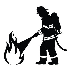 Fototapeta premium Silhouette of firefighter spraying water on fire with flames outline, black and white vector art