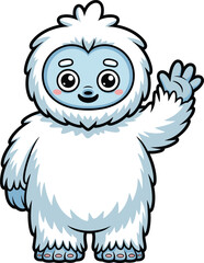 Adorable cartoon yeti character with fluffy white fur, blue face, and big eyes waving hand, perfect for winter, animation, kids, fantasy content