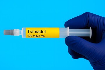 tramadol 100 mg/2 mL injection in labeled syringe held by gloved hand on a sterile blue background. used in pain management, surgery, and global opioid safety and health awareness efforts
