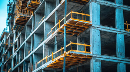 A multi-story concrete building under construction with yellow safety railings.