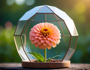 Blooming Flower in Geometric Glass Terrarium with Natural Light