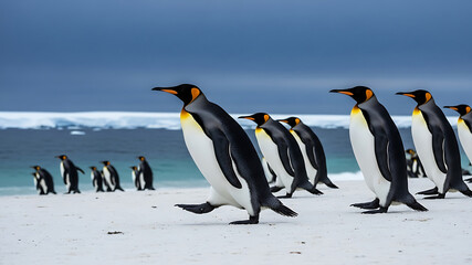 Obraz premium Penguin colony walking on beach near shore