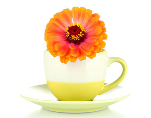 Vibrant Orange Flower in a White and Green Coffee Cup Arrangement