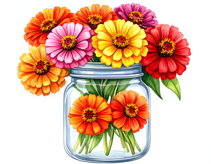 Colorful Zinnia Flowers in a Glass Jar with Bright Petals