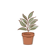 A simple illustration of a potted plant with green leaves, set against a clean white background