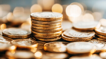 A stack of gold coins on a table with a blurred background.