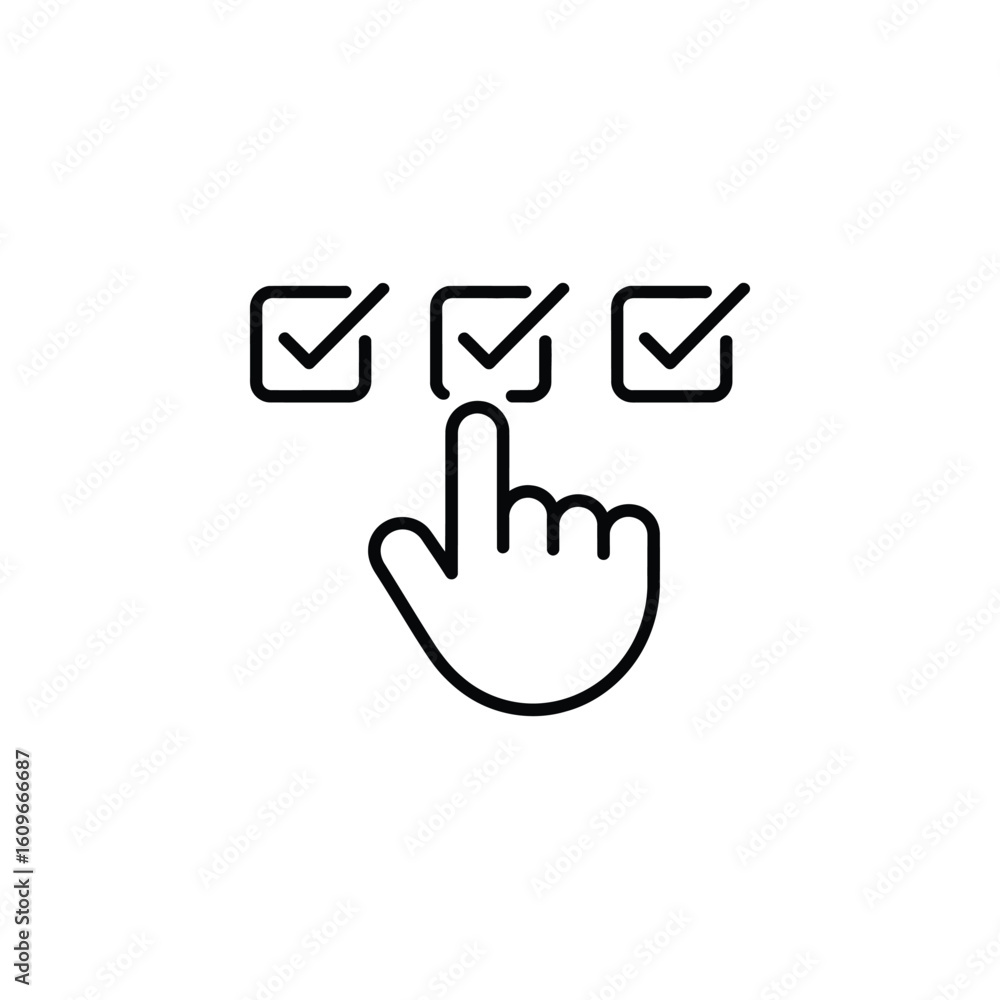 Poster hand pointing to check marks in boxes concept of selection choices and decisions