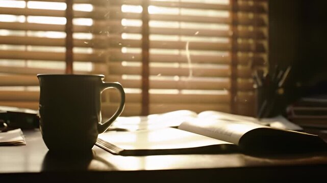 Steaming mug sits on cluttered desk illuminated by blinds in a sunlit room