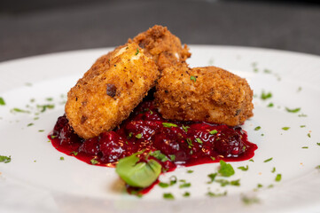 Crispy Fried Camembert Cheese with Sweet Cranberry Sauce on White Plate. Gourmet Appetizer Dish